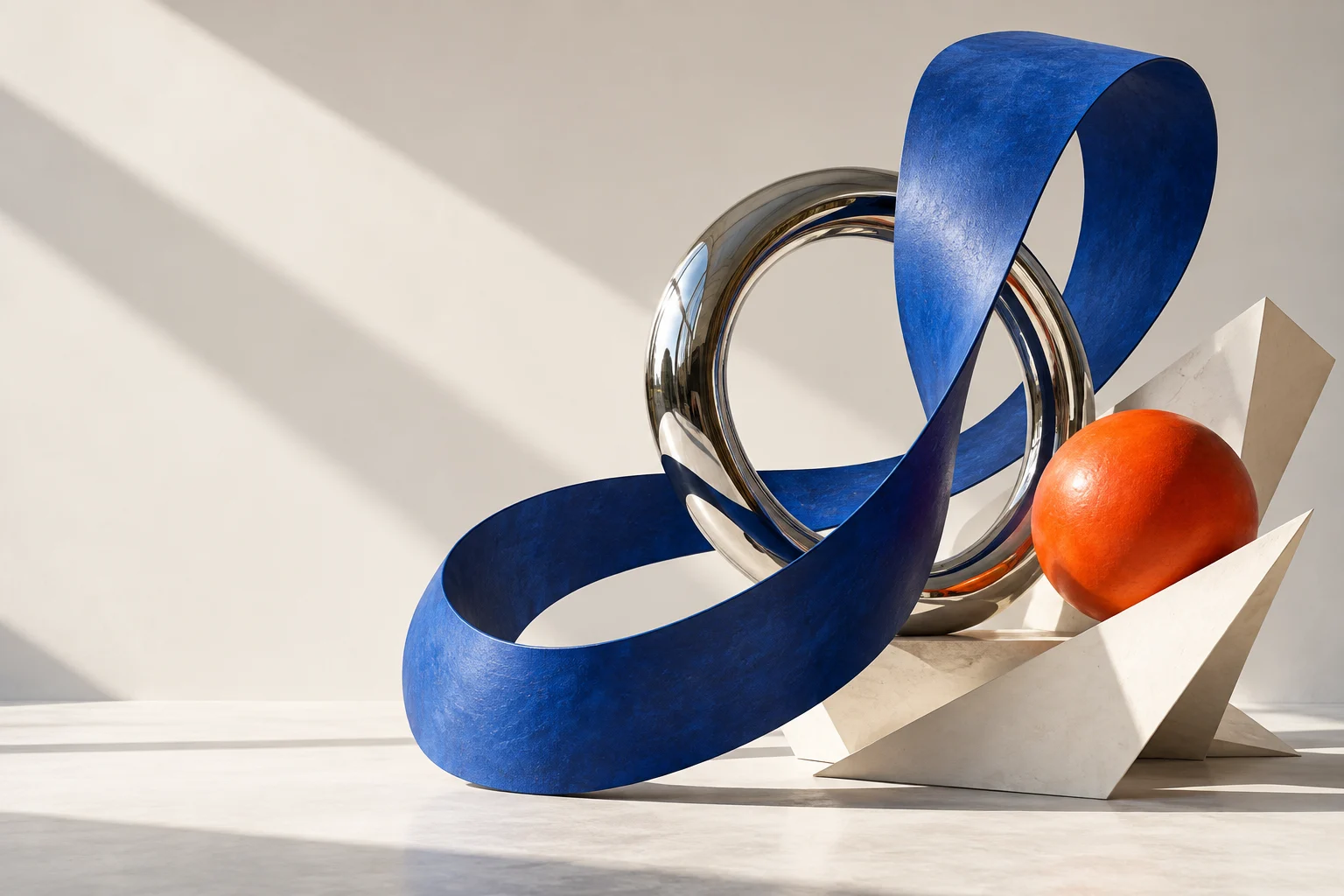 A blue ribbon and chrome ring balanced beside an orange sphere
